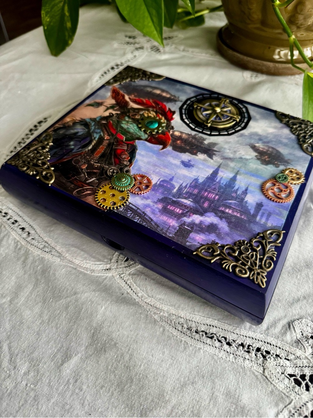 Steampunk wood cigar box mixed media Aviary Art with Brass Accents 8.5”x 7.5”x2” - Picture 8 of 9